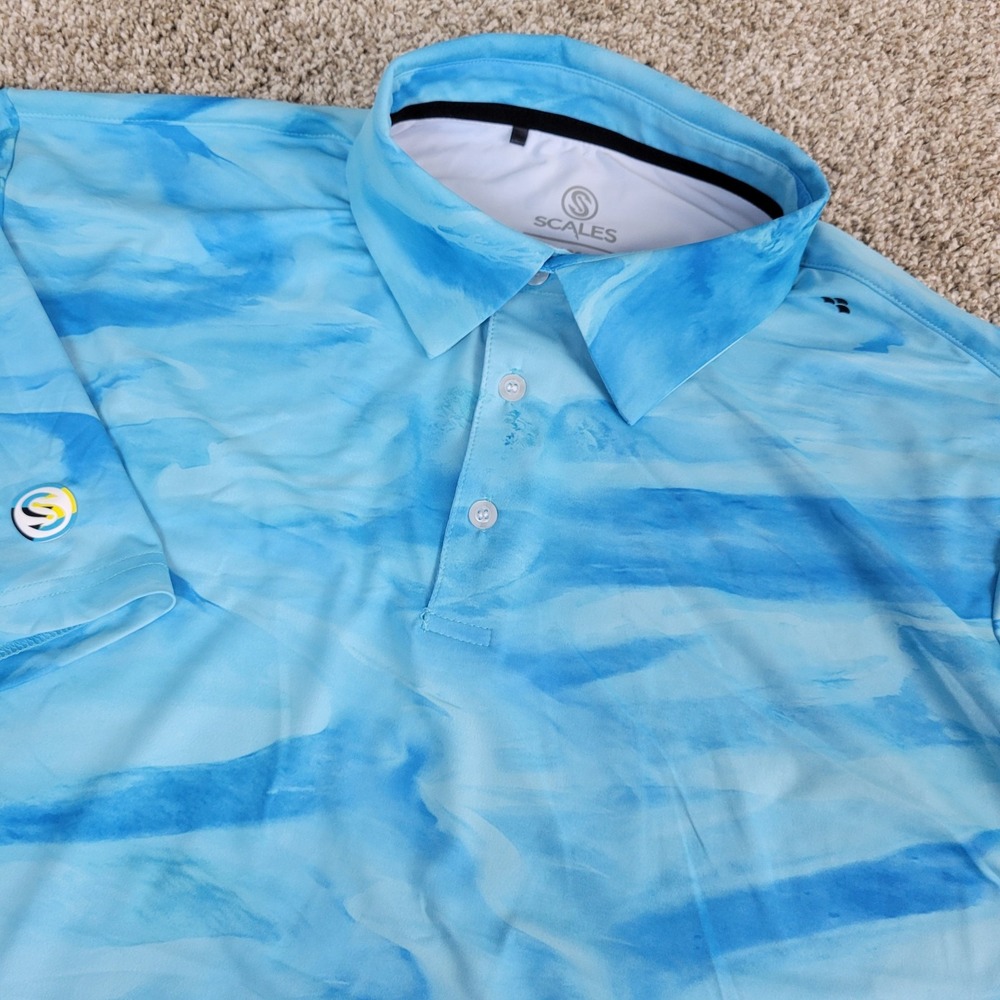 Scales Mens Large Blue Ocean Waves Performance Stretch Polo Short Sleeve